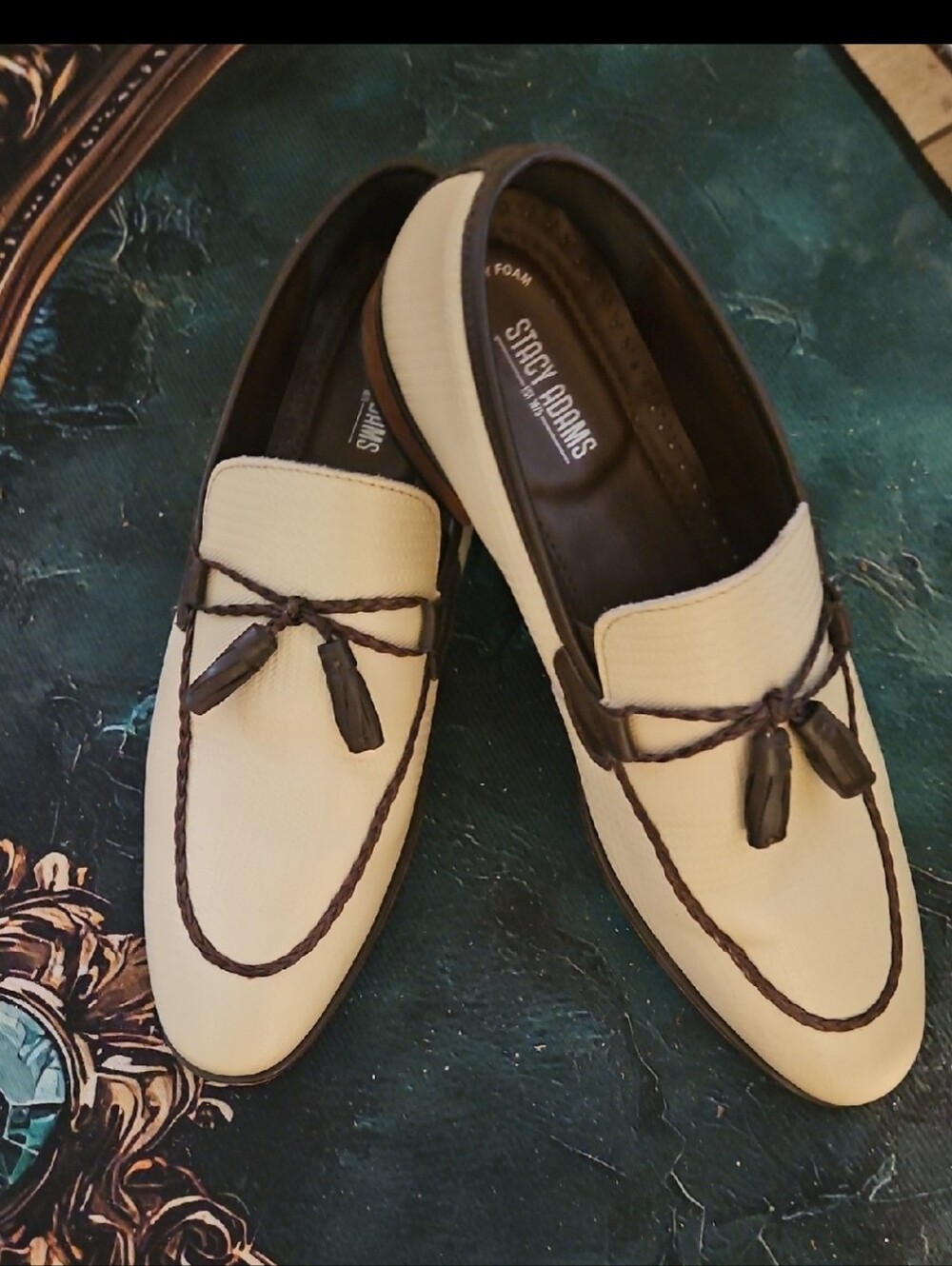 STACY ADAMS Bianchi Leather Sole Moc Toe Tassels Cream Brown Two Toned Size 12